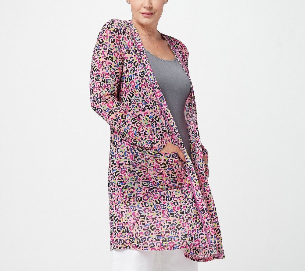 Logo Lori Goldstein Cardigan XL Pink Animal Print Sheer Mesh Pockets Layering